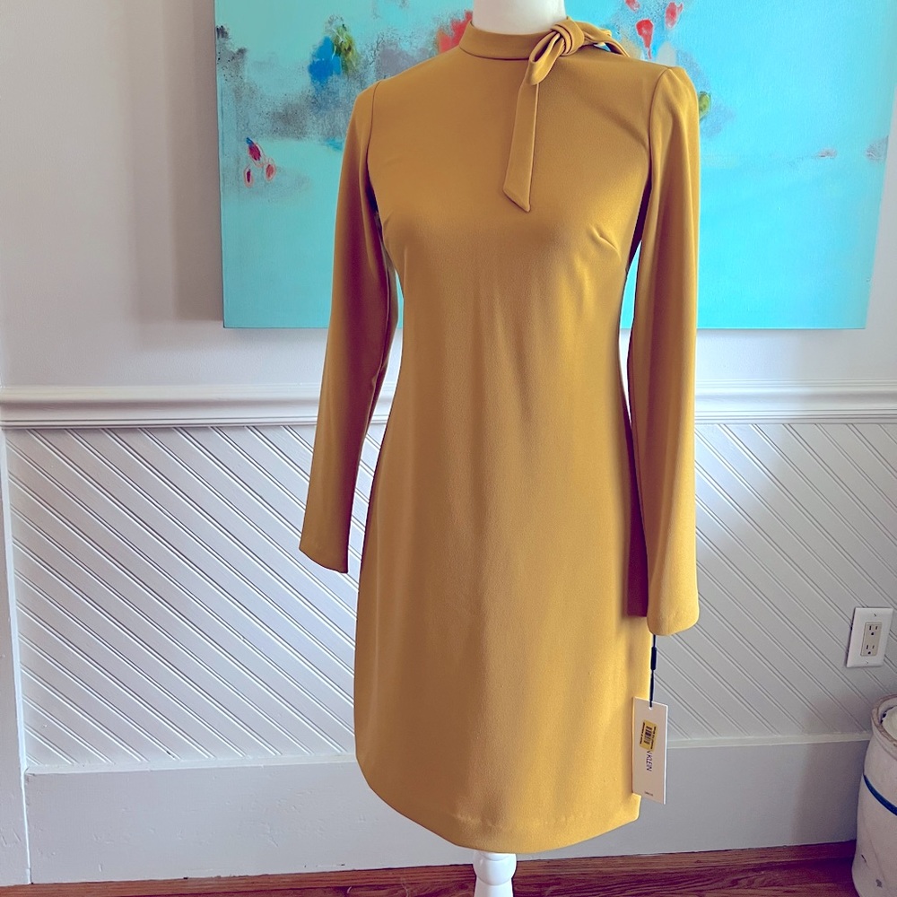 Gold/yellow Calvin Klein mock neck bow tie sheath dress